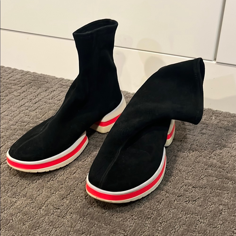 Stuart Weitzman Black and Red Ankle Booties with Bold Design